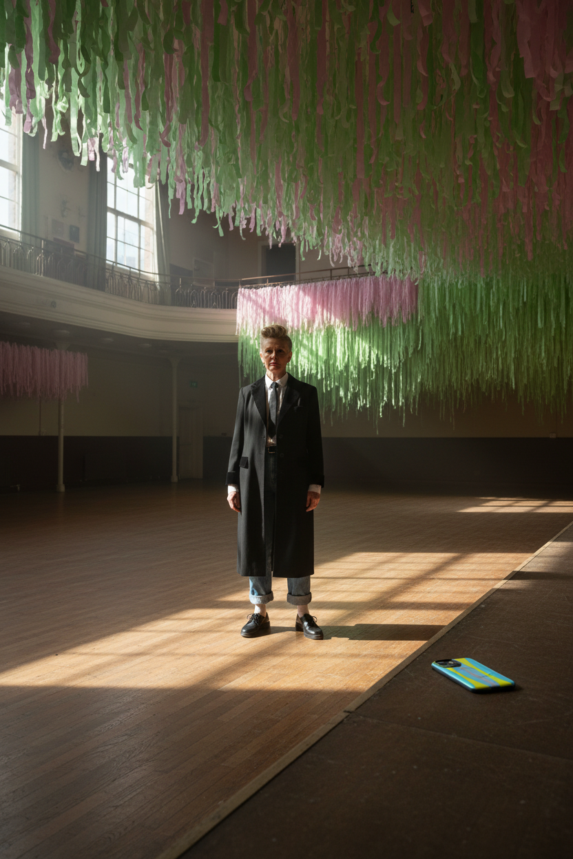 Farbe London MagSafe phone case on a sunlit ballroom floor beside a suited figure beneath pink and green streamers.