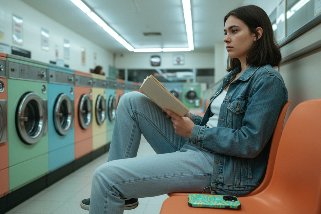 A reader in vintage denim waiting in the pastel laundrette, cased phone flat on the seat. Turquoise Honeycomb MagSafe phone case resting on a seat beside a reader in vintage denim inside a pastel London laundrette.