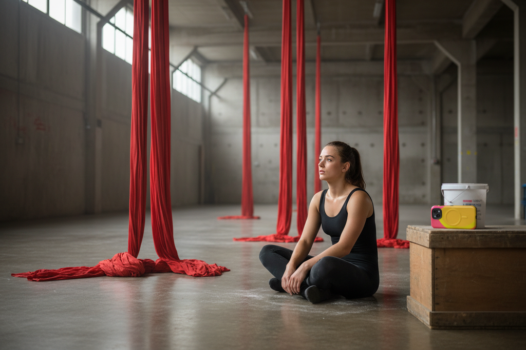 Aerialist persona, Peckham Levels studio. Pink Yellow Sun MagSafe phone case shown with an aerial performer inside a spacious creative studio at Peckham Levels.