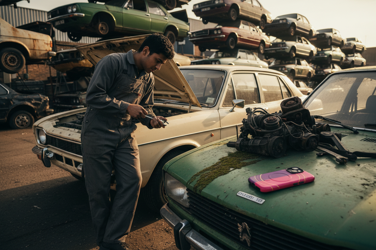 Apprentice mechanic persona, London car salvage yard. Pink Gold Rings MagSafe phone case featured with an apprentice mechanic inside a working London car-salvage yard.