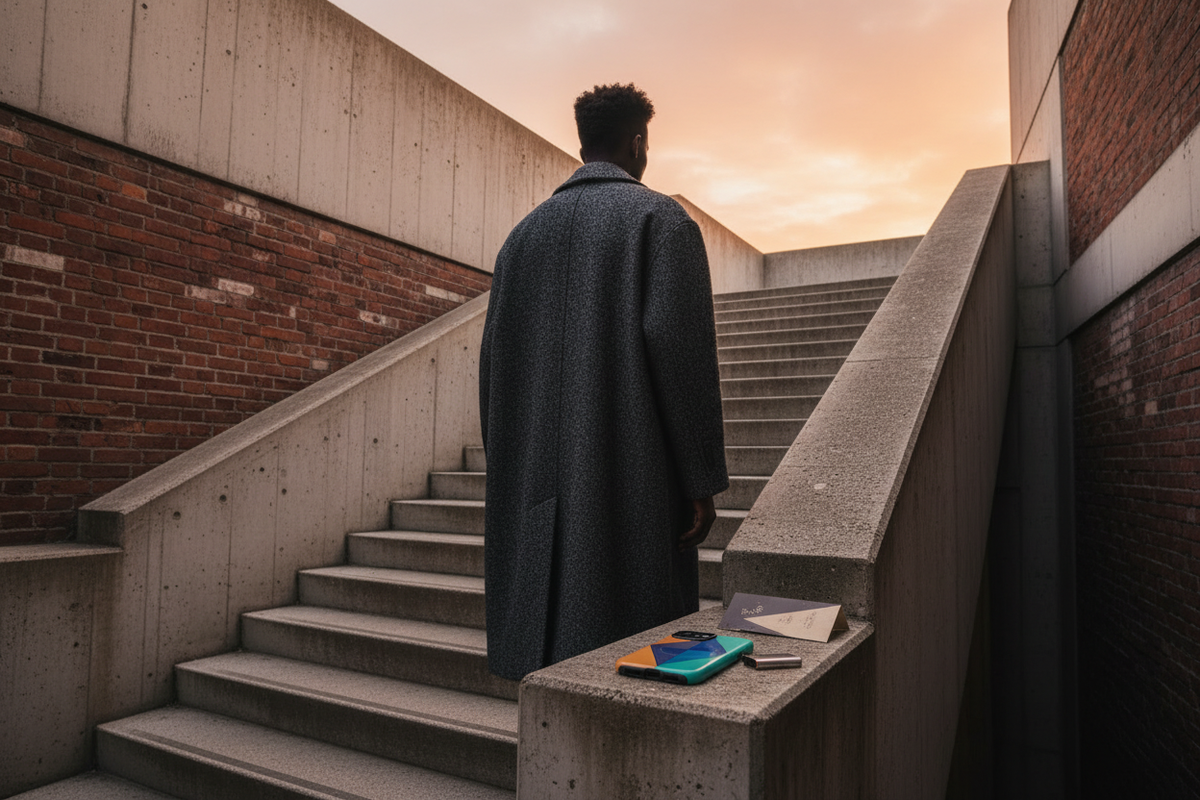 Art-directed brutalist London world. Orange Sky Diamond MagSafe phone case set against monumental brutalist London architecture in an art-directed urban scene