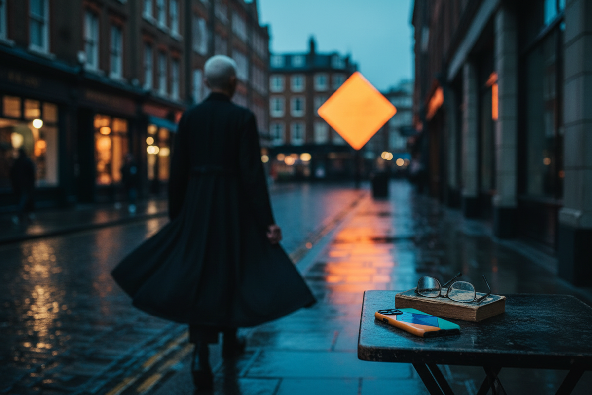 Art-directed rainy London fashion world.Orange Sky Diamond MagSafe phone case integrated into a cinematic rainy London fashion scene with editorial styling.