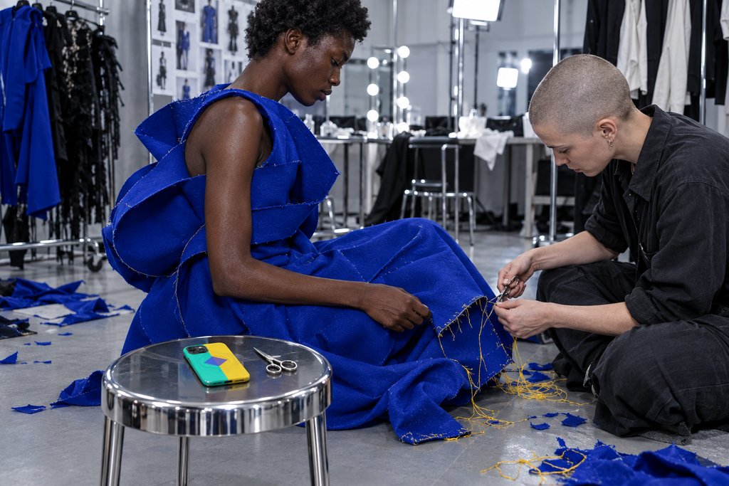 Backstage human moment with the phone integrated on a chrome stool