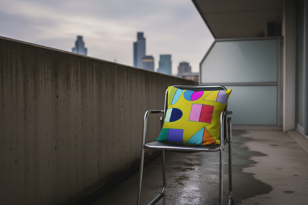 Barbican balcony at dusk, Pac-Man Lime cushion on a tubular steel chair