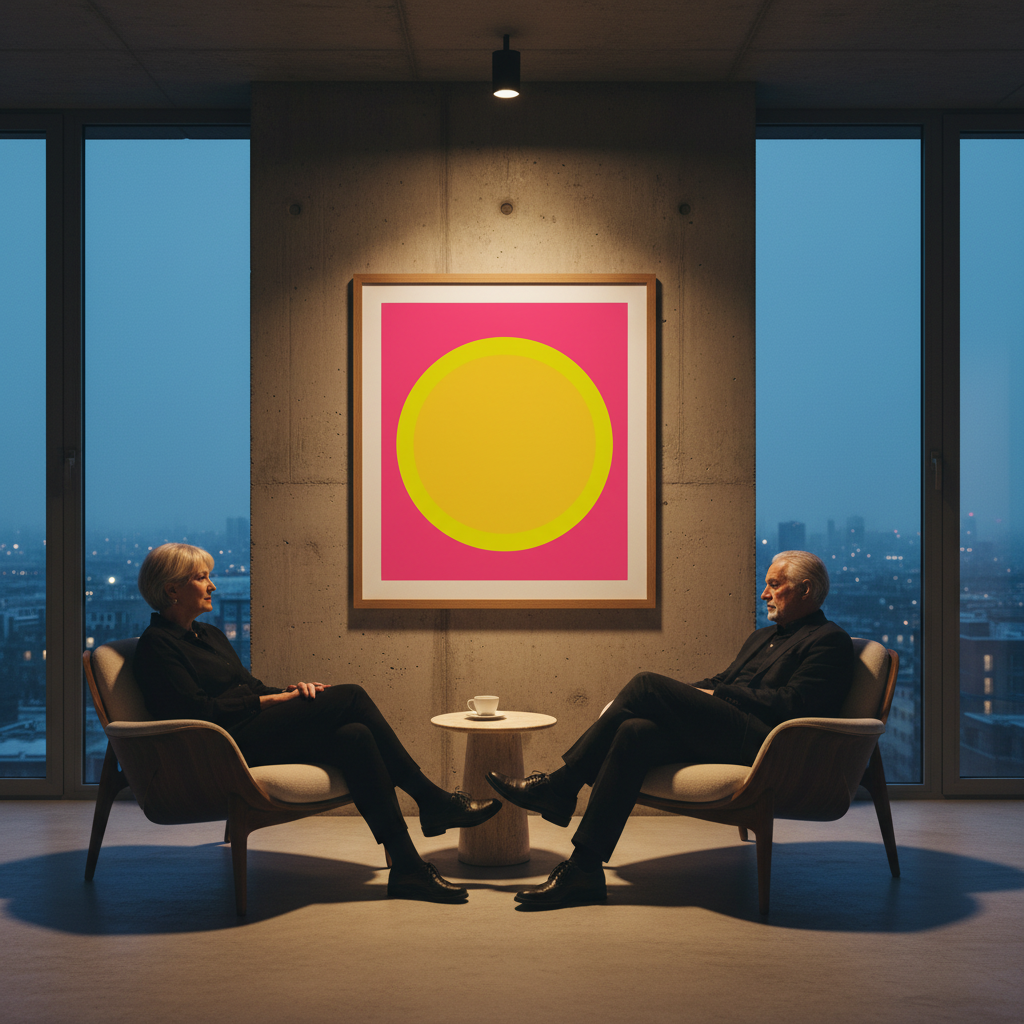 Barbican brutalist interior at dusk: the print as the sole colour intervention.Pink Yellow Sun framed and mounted print creating a vivid focal point inside a dusk-lit Barbican brutalist interior.