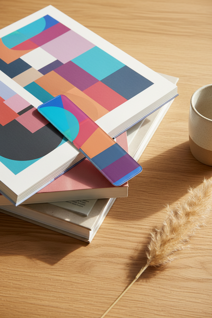 Blue Pink Moon Diamond Nappa leather bookmark resting on stacked art books on a light oak table with dried pampas grass.