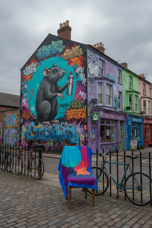 Blue Pink Moon Diamond sherpa blanket draped over a chair against a Bristol street-art mural, colourful terraced shopfront editorial