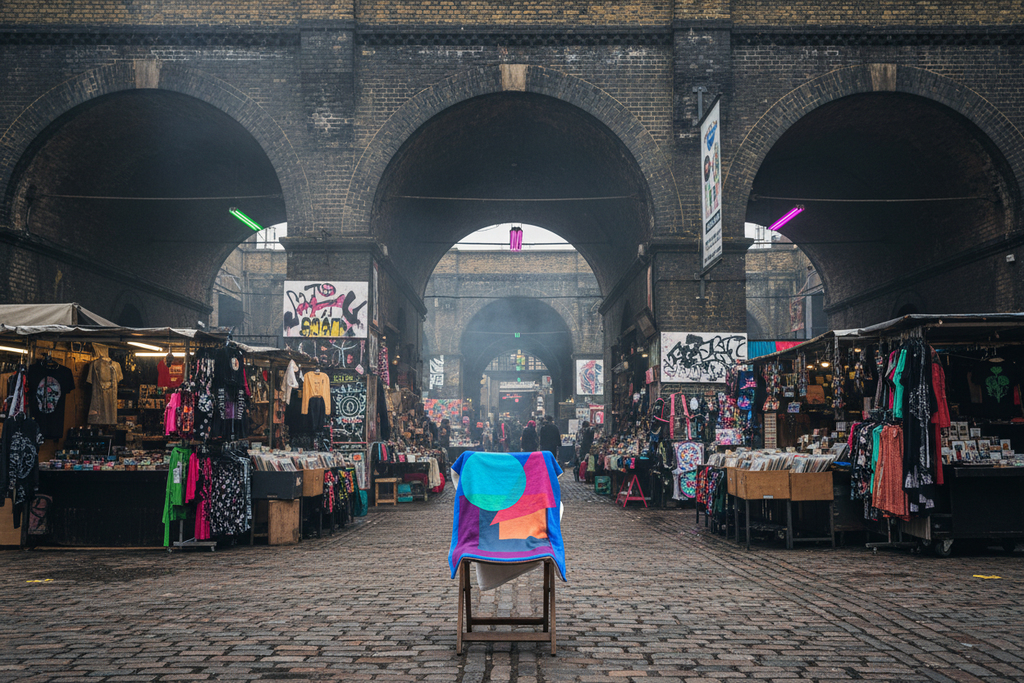 Blue Pink Moon Diamond sherpa blanket draped over a chair beneath the brick railway arches of Camden Market