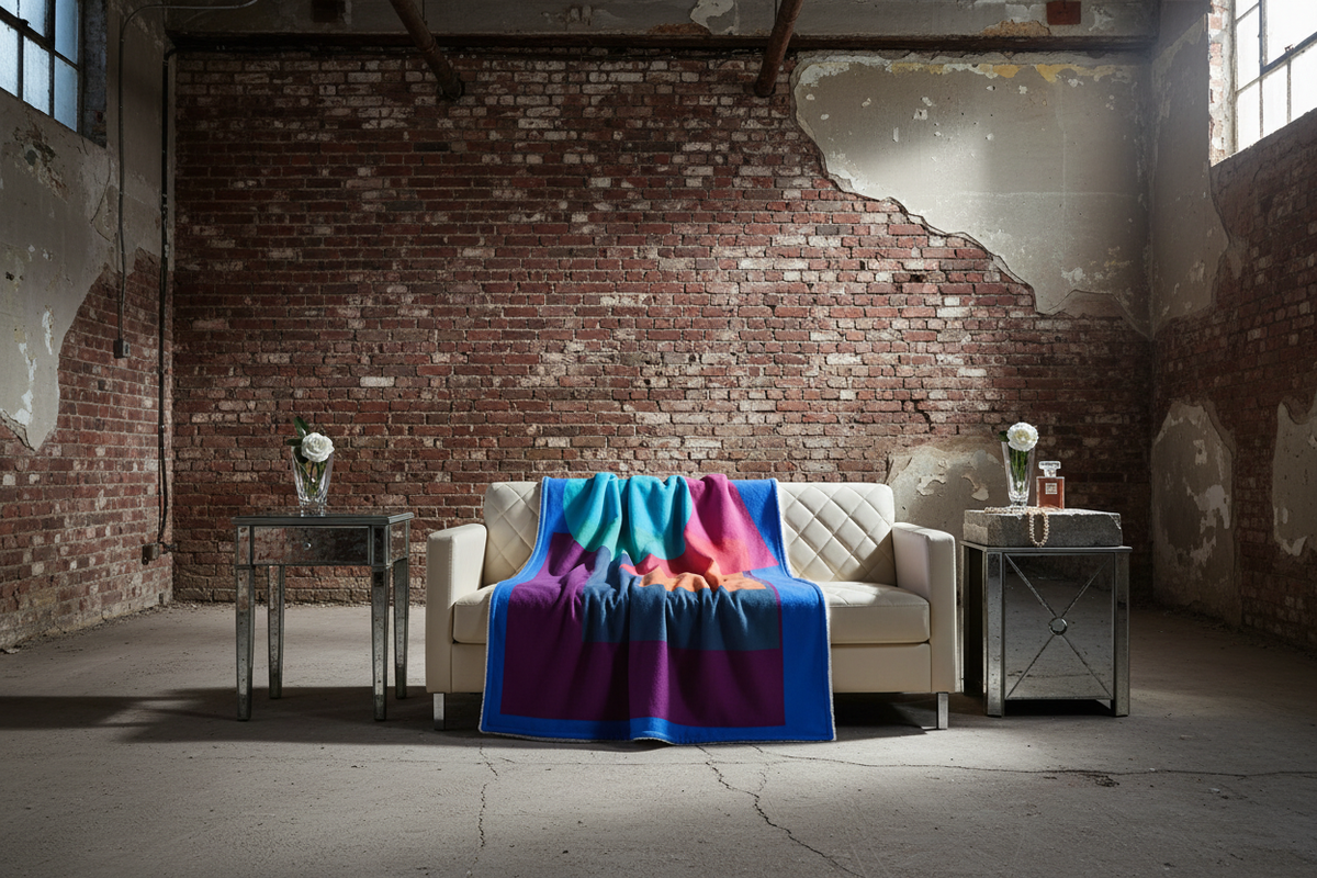 Blue Pink Moon Diamond sherpa blanket draped over a quilted cream sofa against a raw brick Hackney wall, couture-styled editorial