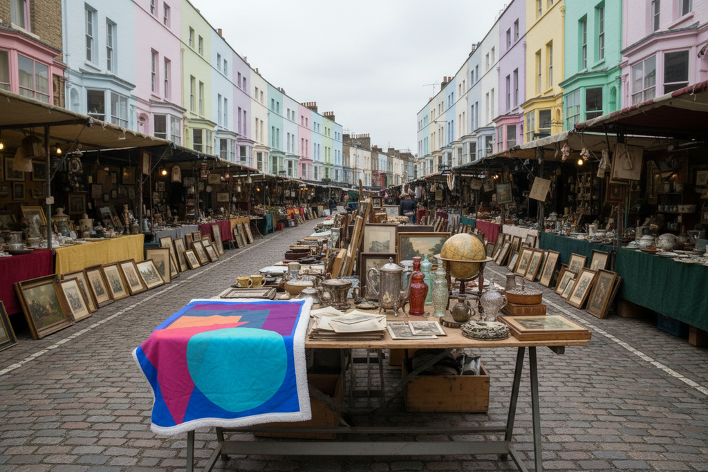 Blue Pink Moon Diamond sherpa blanket draped over an antiques stall table at Portobello Market, pastel London townhouse backdrop