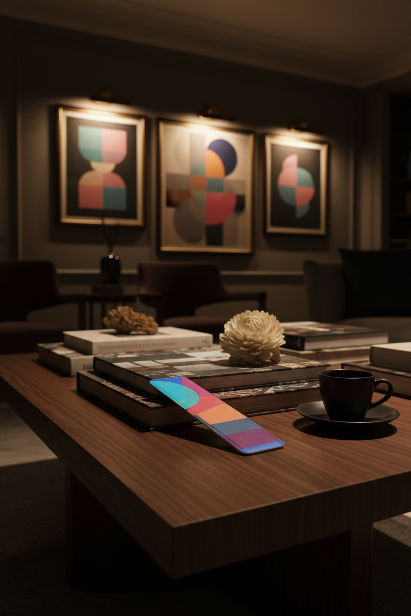 Dark Blue Pink Moon Diamond Nappa leather bookmark on a coffee table in a dimly lit Mayfair gallery lounge.