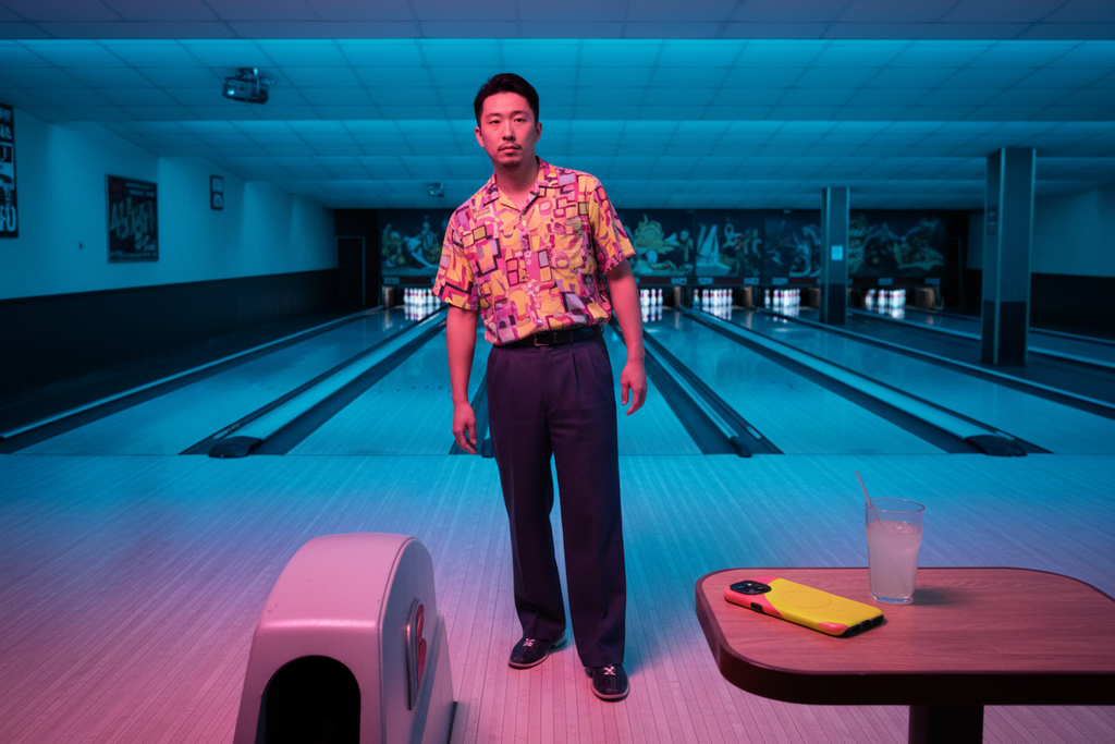 Bowler, Bloomsbury bowling lanes. Pink Yellow Sun MagSafe phone case featured with a bowler inside the retro bowling lanes of Bloomsbury, London.