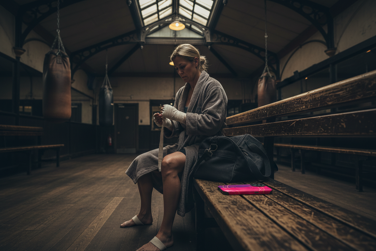 Boxer persona, Bethnal Green bathhouse boxing gym. Pink Gold Rings MagSafe phone case featured with a boxer inside a historic Bethnal Green bathhouse boxing gym.