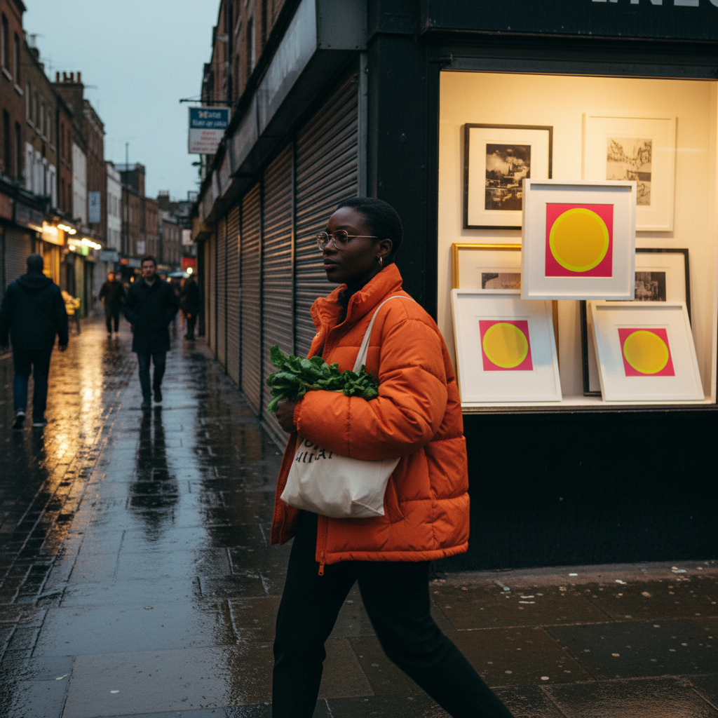 Brixton market street at dusk: the print in a gallery window as the woman passes.Pink Yellow Sun framed and mounted print shown in a Brixton gallery window at dusk as a woman passes along the market street.