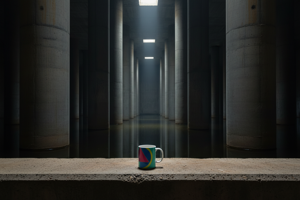 Brutalist cistern of columns in black water