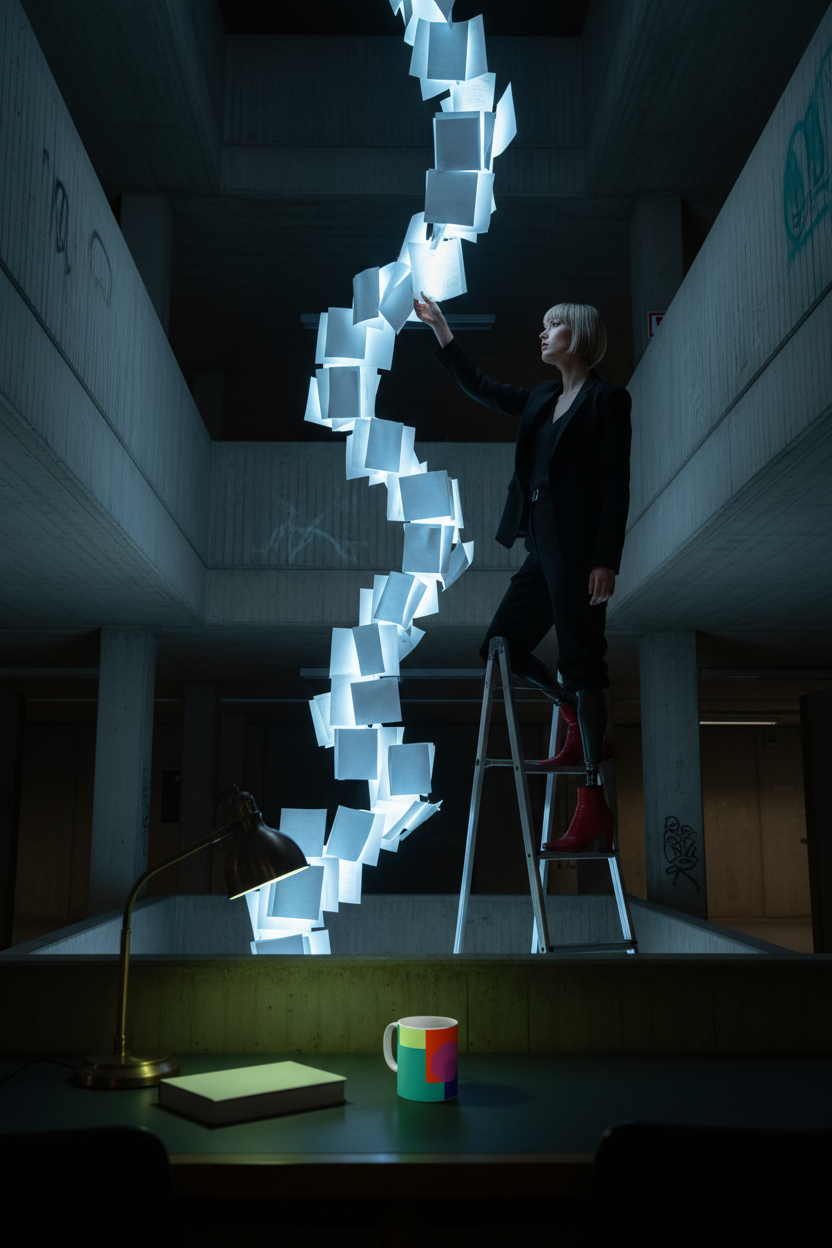 Brutalist night-library editorial