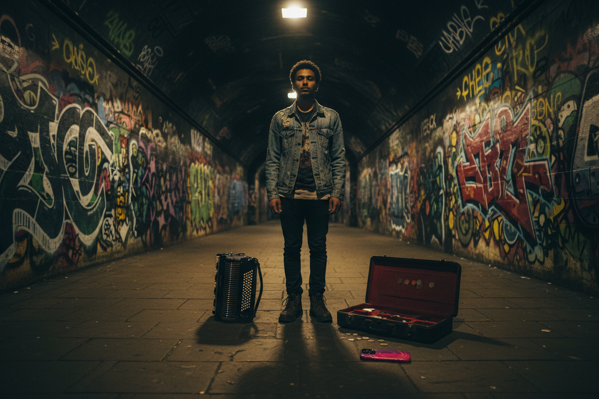 Busker persona, Leake Street Tunnel at night. Pink Gold Rings MagSafe phone case shown with a London busker inside the graffiti-covered Leake Street tunnel at night.