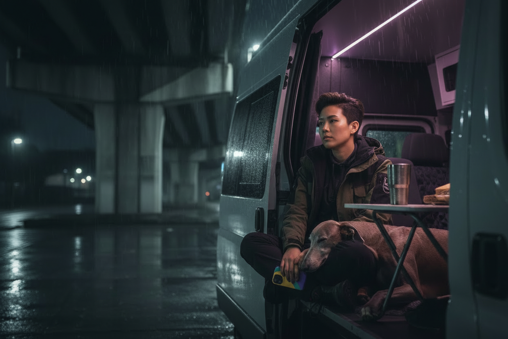 Camper van scene with the phone held in her hand. Purple Yellow Sun MagSafe phone case held naturally by a woman beside a camper van in an outdoor lifestyle scene.