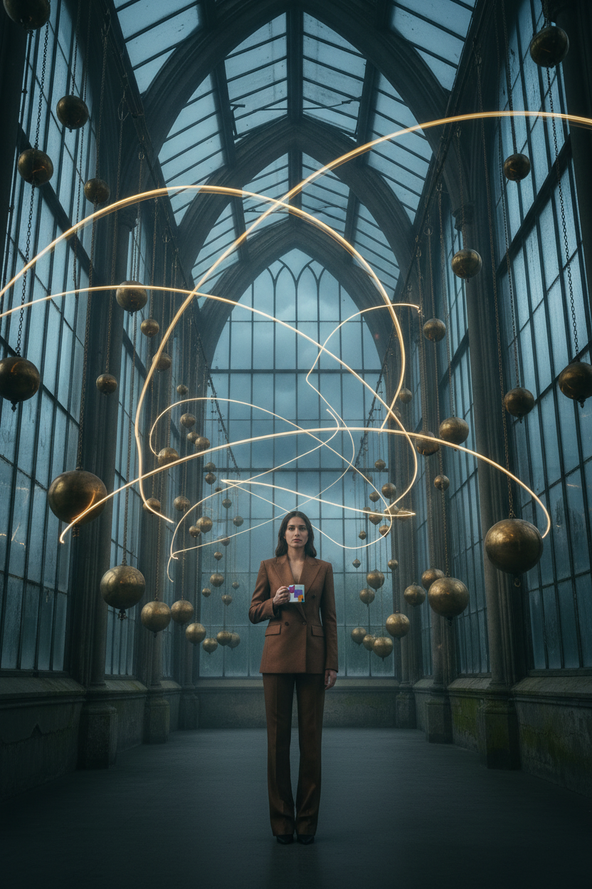 Cathedral greenhouse of swinging brass pendulums