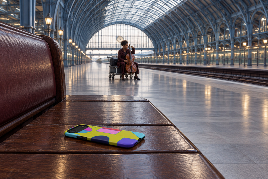 Cellist beneath the monumental iron-and-glass train shed