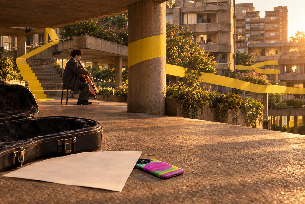 Cellist rehearsing within a graphic intervention at a London estate