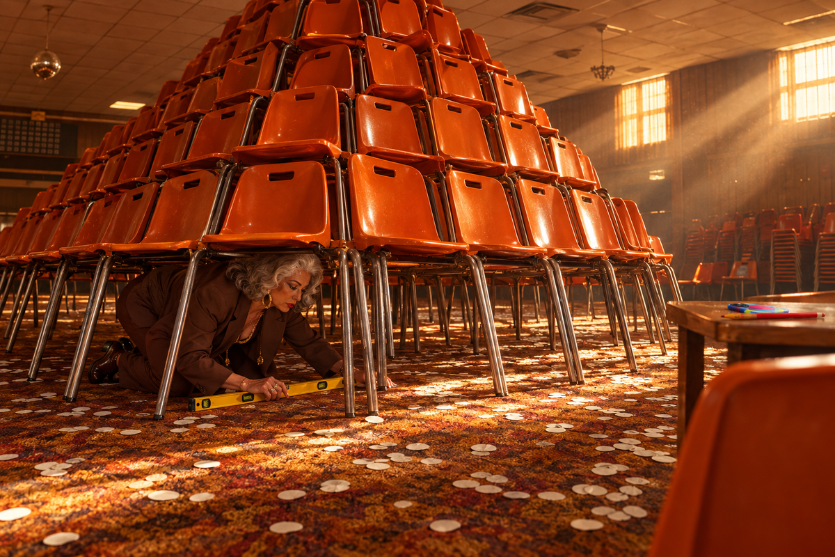 Chair installation inside a closed South London bingo hall