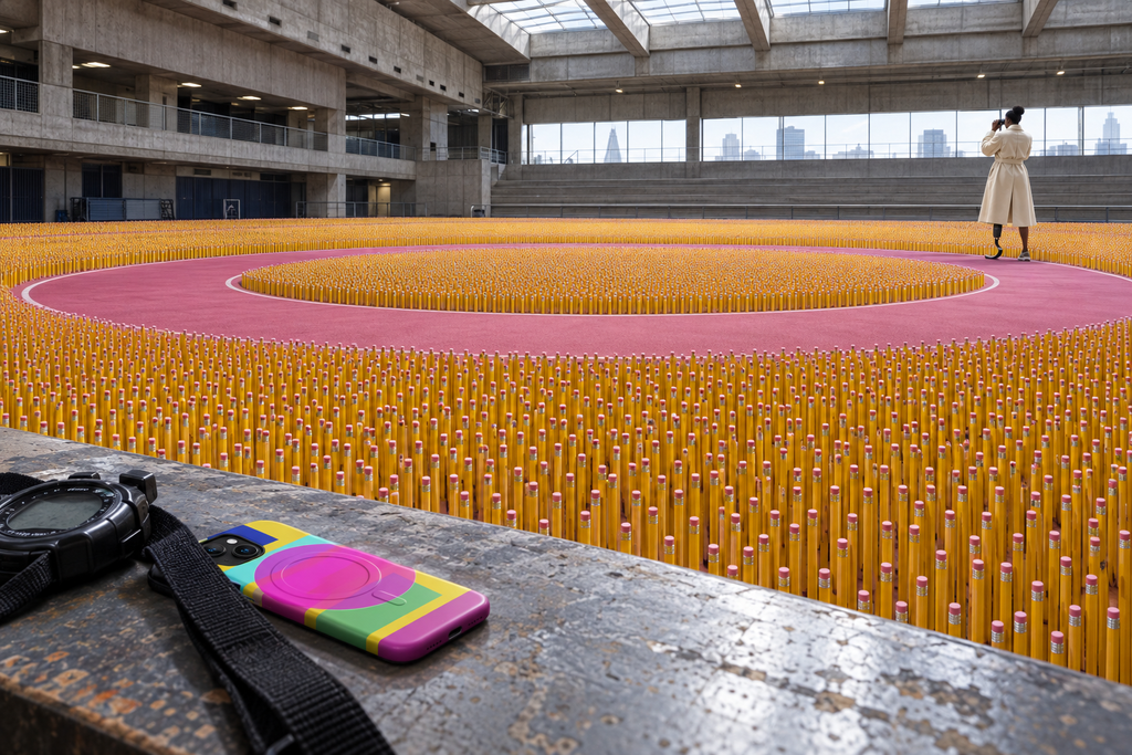 Conceptual pencil landscape inside a London athletics arena