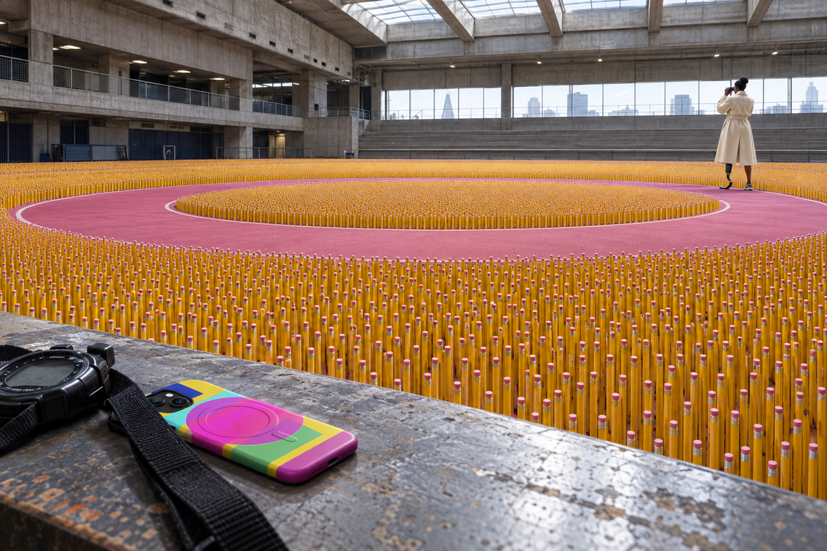 Conceptual pencil landscape inside a London athletics arena