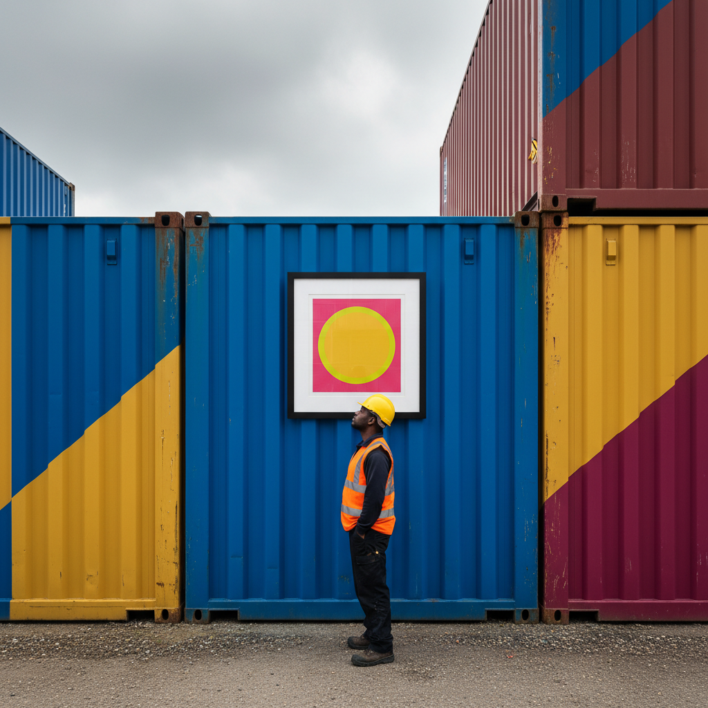 Container City, Docklands: the print mounted on a colour-blocked container wall. Pink Yellow Sun framed and mounted print displayed on a colour-blocked shipping-container wall at Container City in London Docklands.