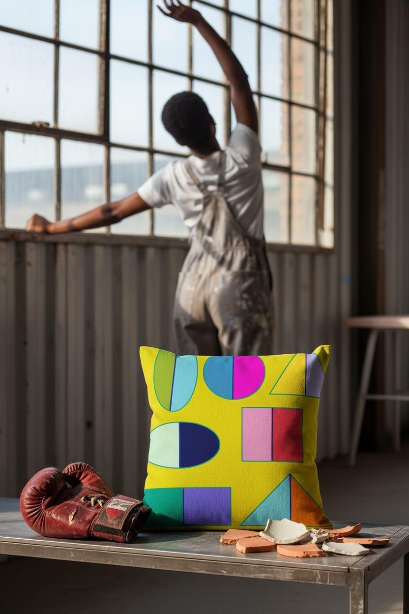 Container City sculptor studio, Pac-Man Lime cushion on a steel bench
