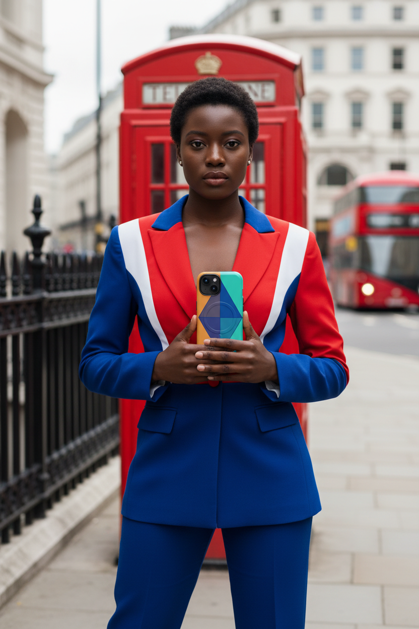 Cool Britannia Orange Sky Diamond phone case editorial. Orange Sky Diamond MagSafe phone case featured in a Cool Britannia-inspired London fashion editorial with bold graphic styling.