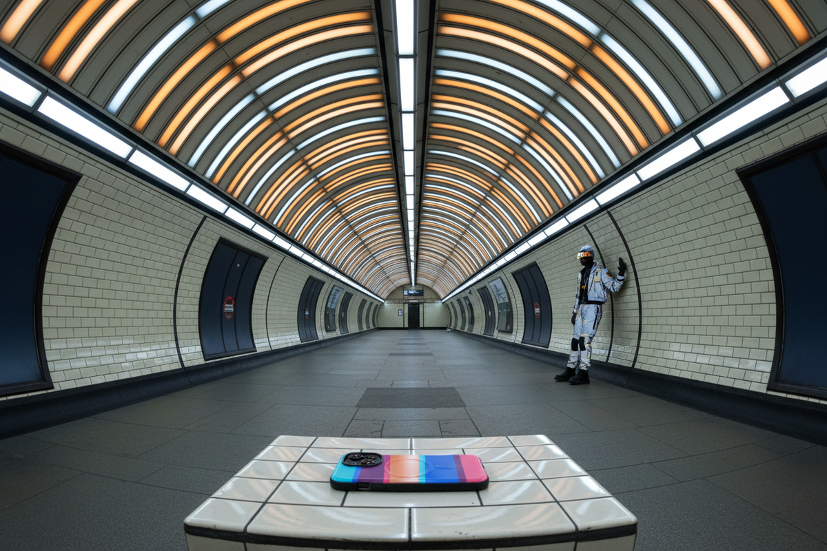 Cyberpunk figure alone in a tube vault of light tubes. Pretty in Pink MagSafe phone case shown with a solitary cyberpunk figure inside a vaulted tunnel of fluorescent light tubes.