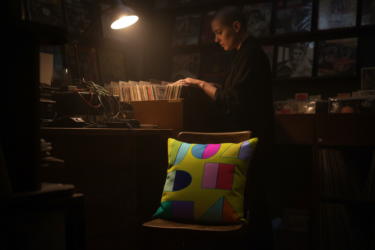 Dark record shop after closing, Pac-Man Lime cushion on a worn chair by the counter