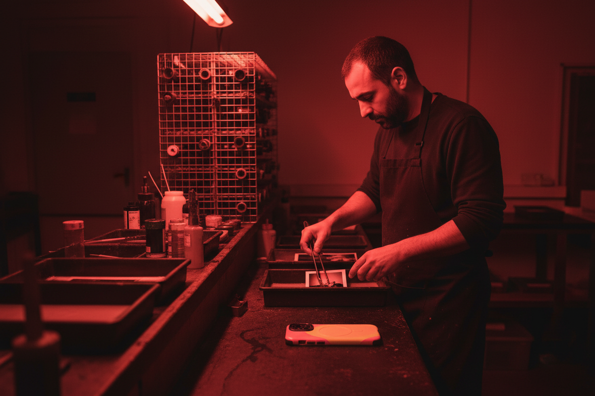 Darkroom photographer Peckham darkroom. Pink Yellow Sun MagSafe phone case featured with a photographer working under red light inside a Peckham darkroom.