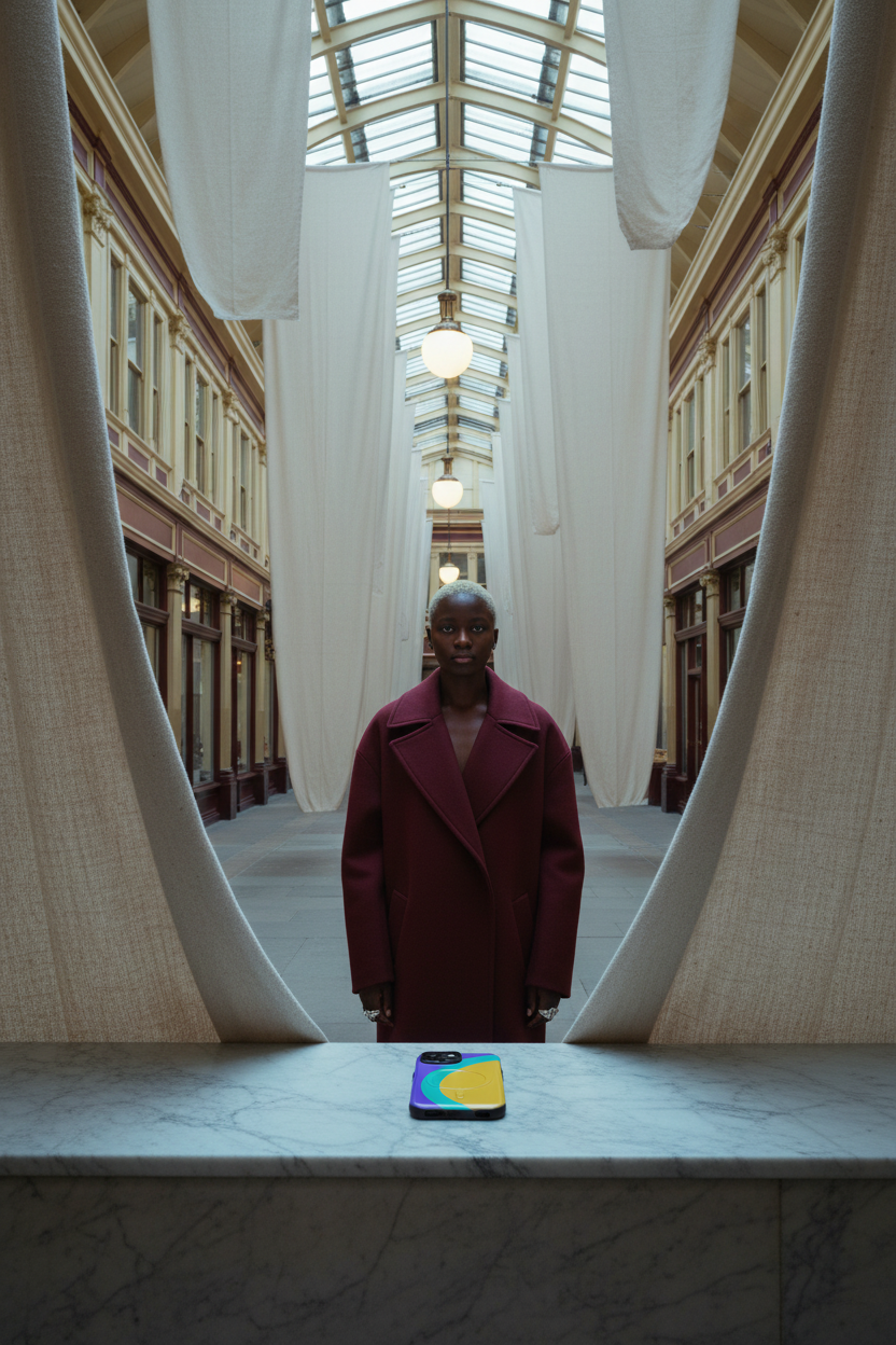 Dawn in a Victorian market arcade with hanging canvas. Purple Yellow Sun MagSafe phone case featured at dawn inside a Victorian market arcade with suspended canvas installations.