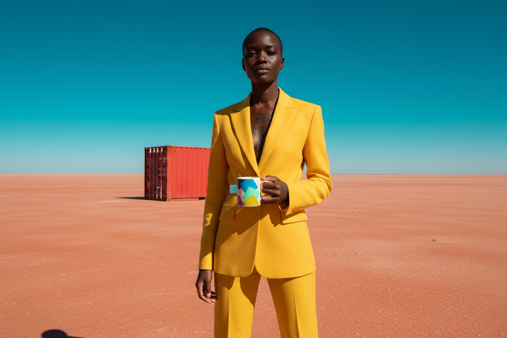 Electric yellow suit on an orange-red salt pan