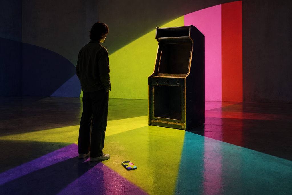 Empty arcade cabinet casting geometric light