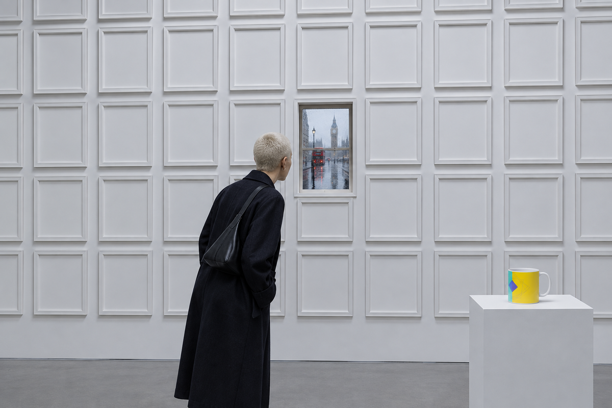 Empty frames wall, one real window