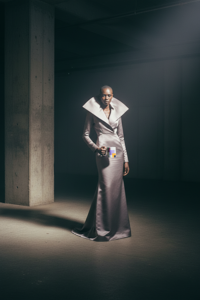 Fashion editorial, pewter satin against raw concrete