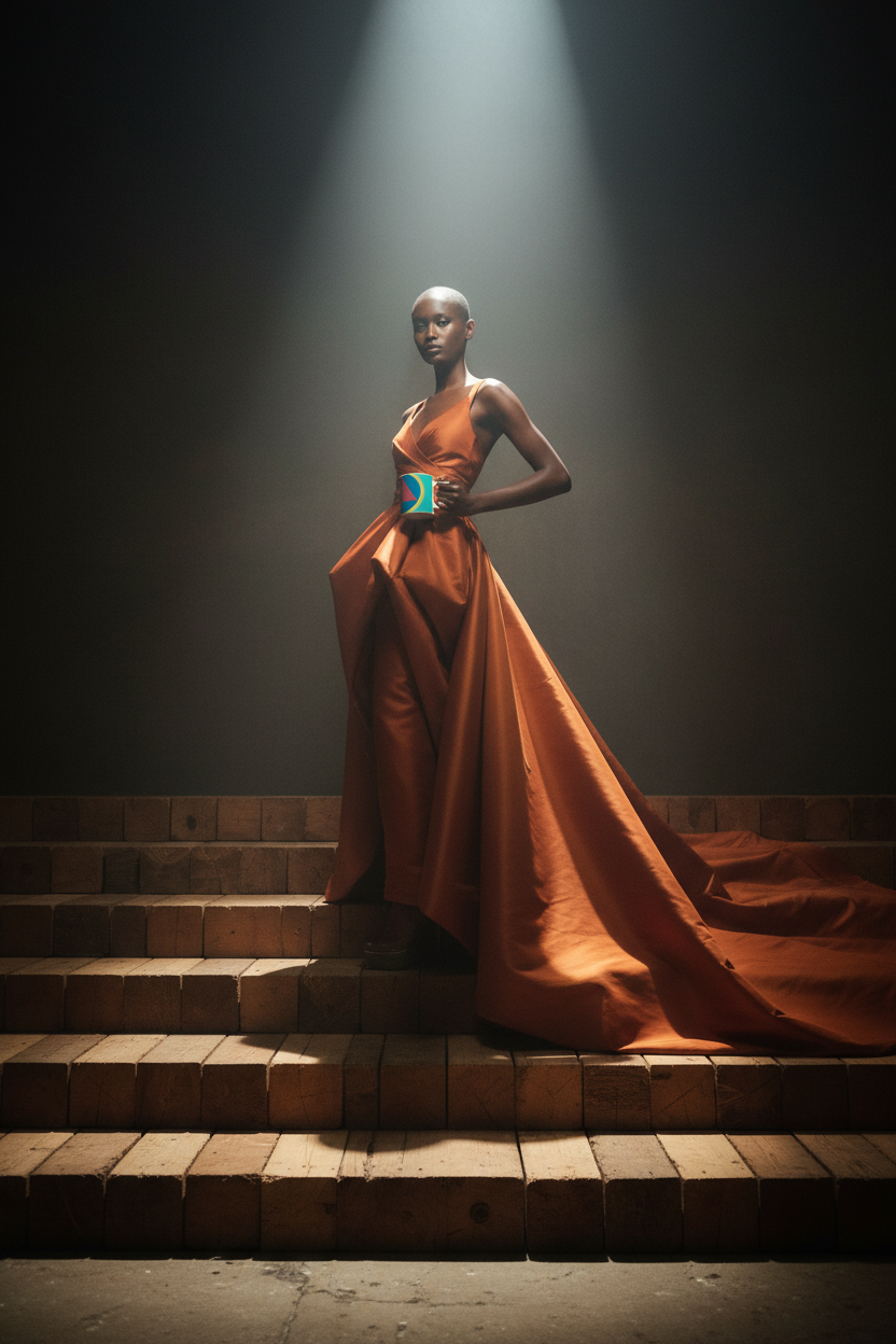 Fashion editorial, rust silk on stacked timber