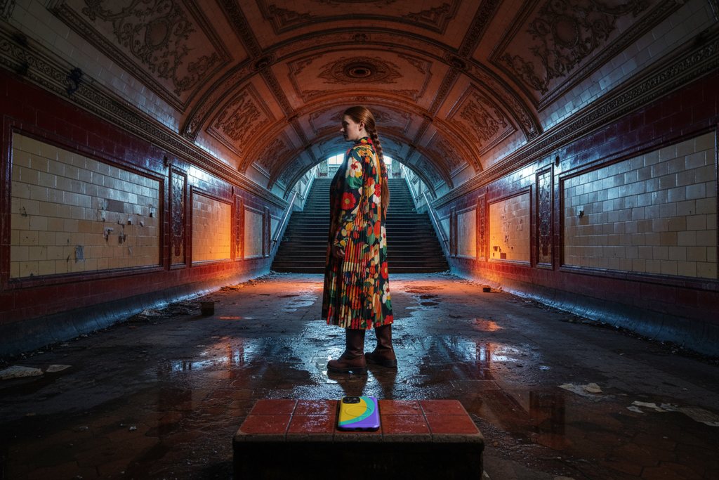 Figure in the tiled Crystal Palace subway, sodium orange against steel blue. with a lone figure inside the tiled Crystal Palace subway under cinematic sodium light.