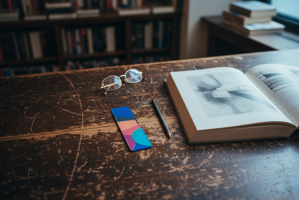 Blue Pink Moon Diamond Nappa leather bookmark on a worn library table beside reading glasses and an open art book