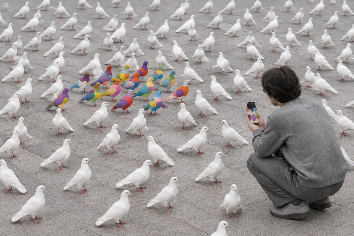 Flock of pigeons, some dyed in colour
