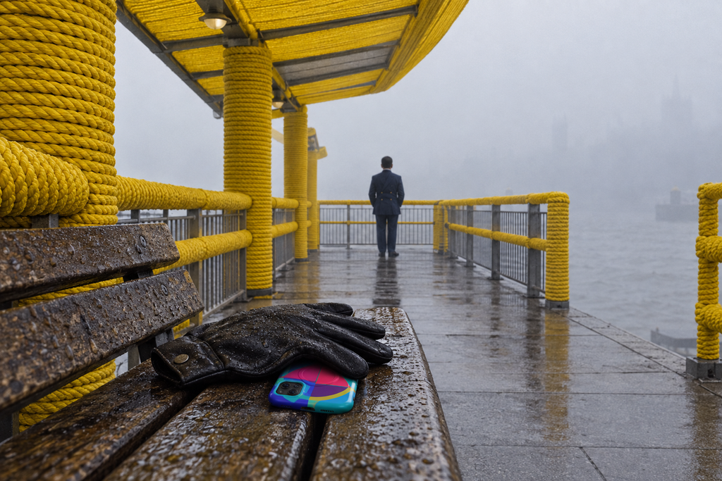 Fogbound Thames pier transformed by woven yellow rope