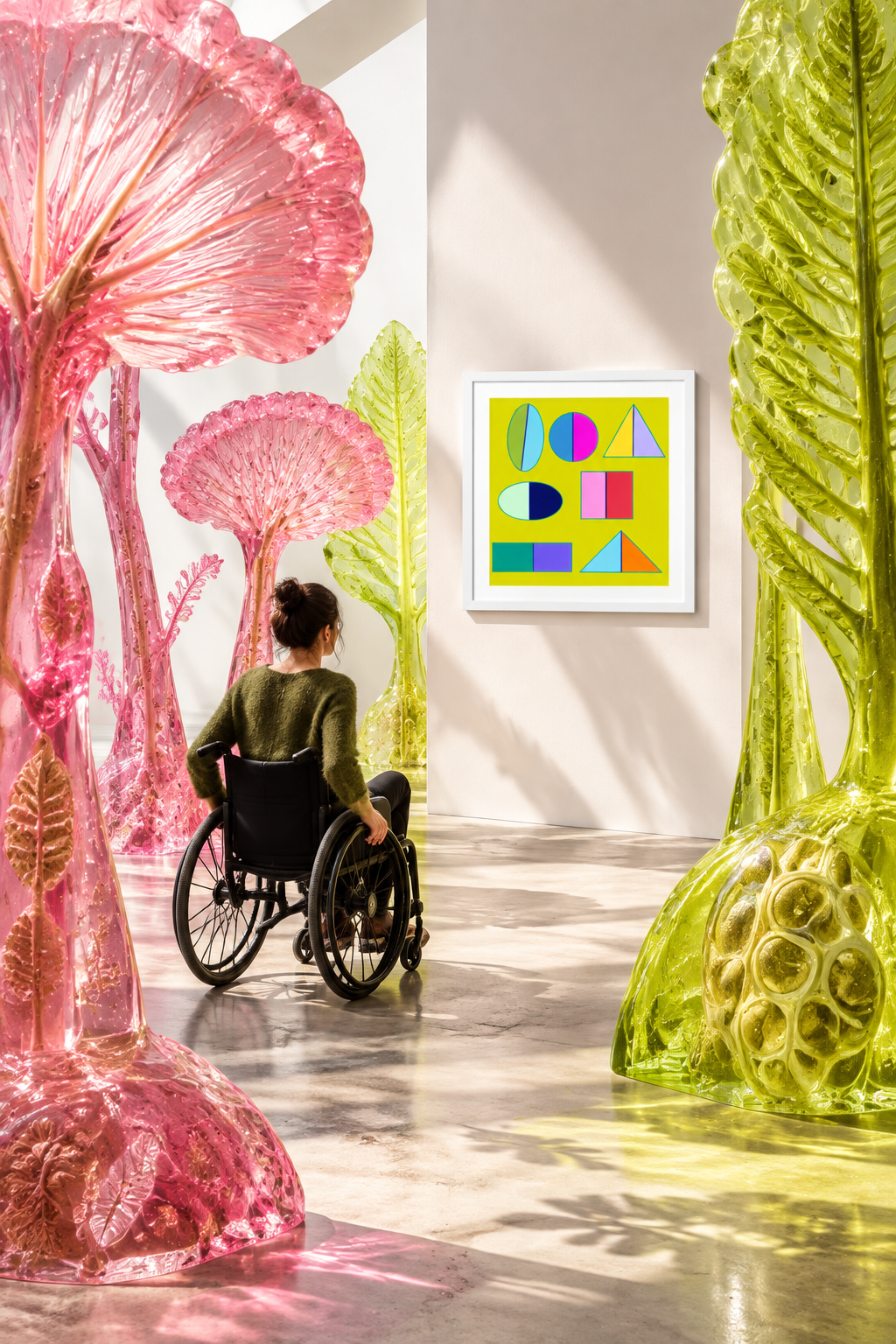 Fossil-garden installation with a wheelchair user