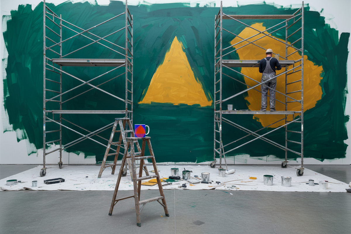 Gallery mid-install, mug on a paint-spattered ladder