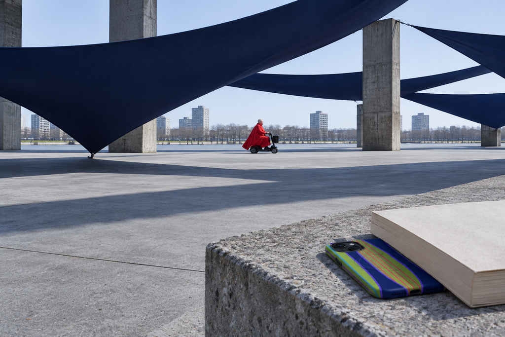 Graphic fabric intervention on a brutalist Thamesmead plaza