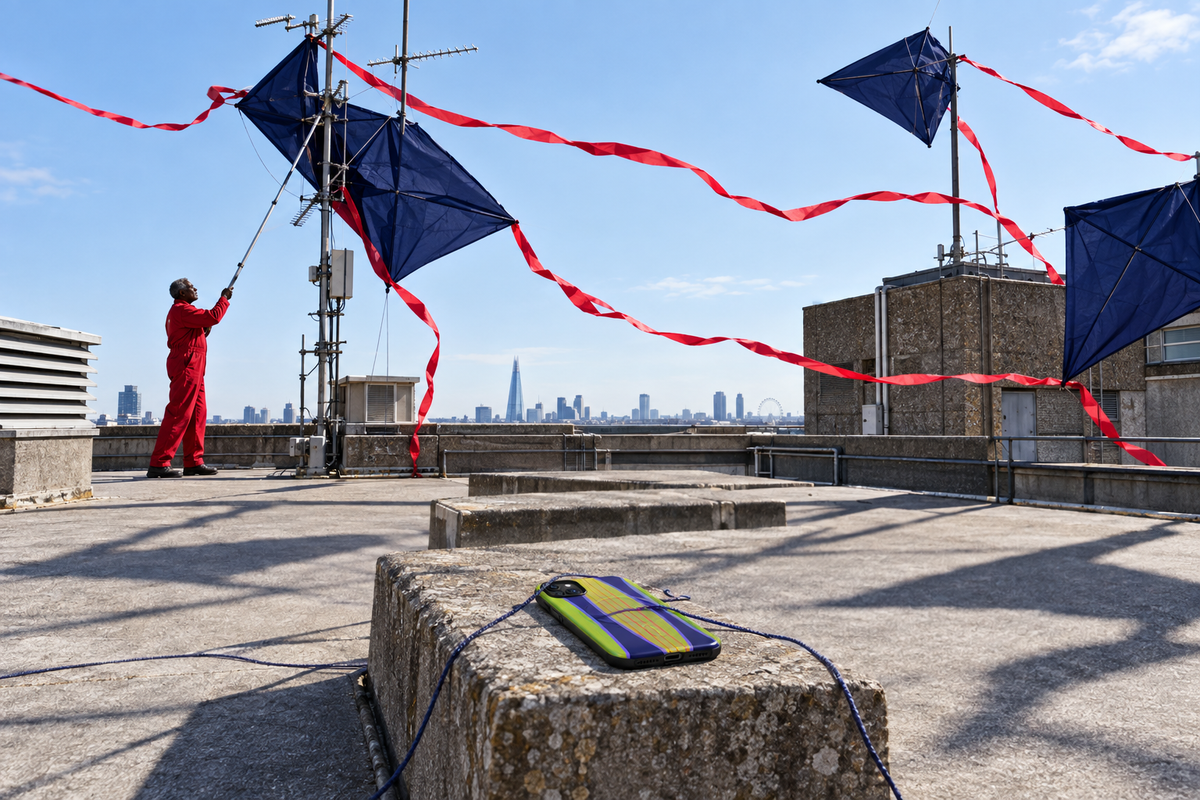 Graphic kite installation across a brutalist London rooftop