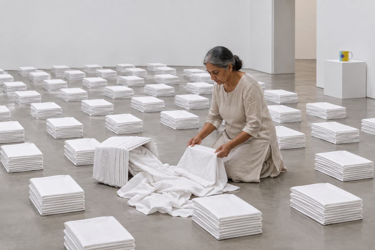 Grid of folded sheets, one toppled stack