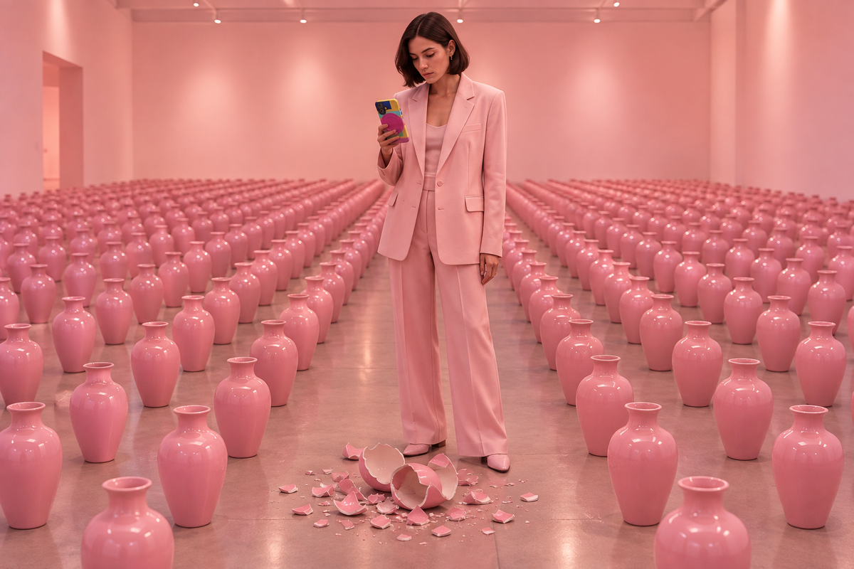 Grid of pink vases, one shattered